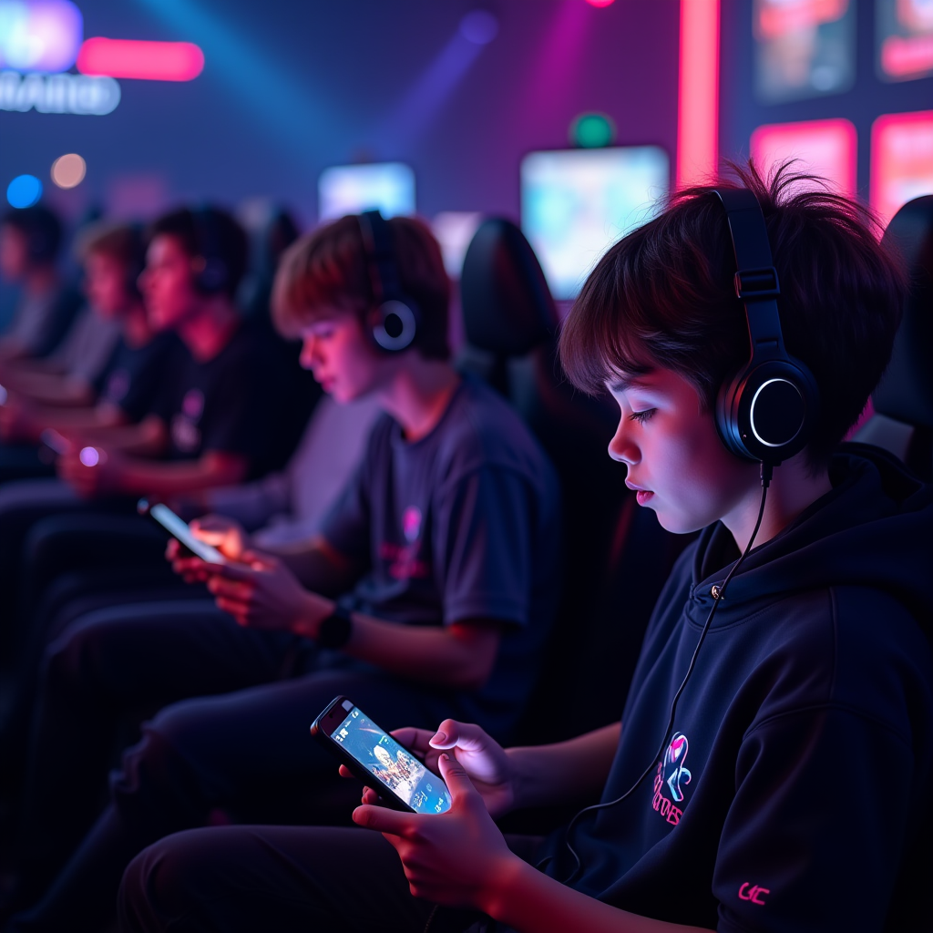 Young Generation Z esports players competing in a mobile gaming tournament, with smartphones in hand, streaming their gameplay on TikTok, surrounded by neon lighting and digital displays showing social media engagement metrics