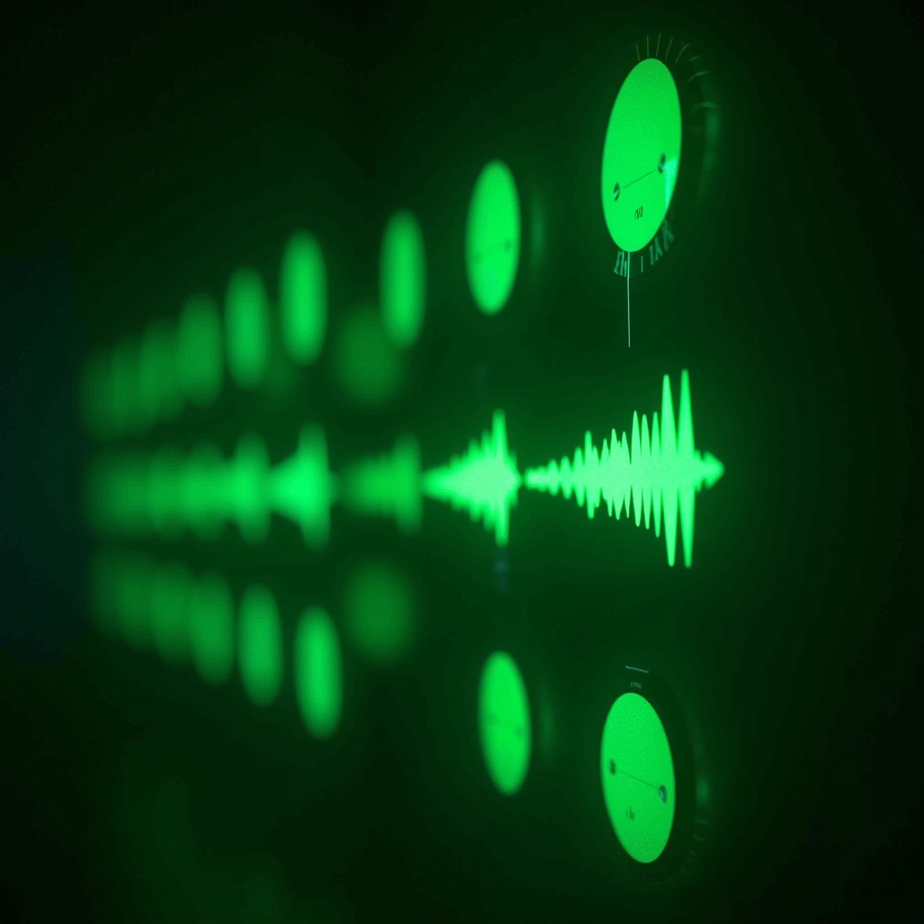 Artistic representation of an Xbox 360 game lobby with multiple voice chat indicators glowing in neon green, showing the chaotic nature of early online gaming communication with sound wave visualizations
