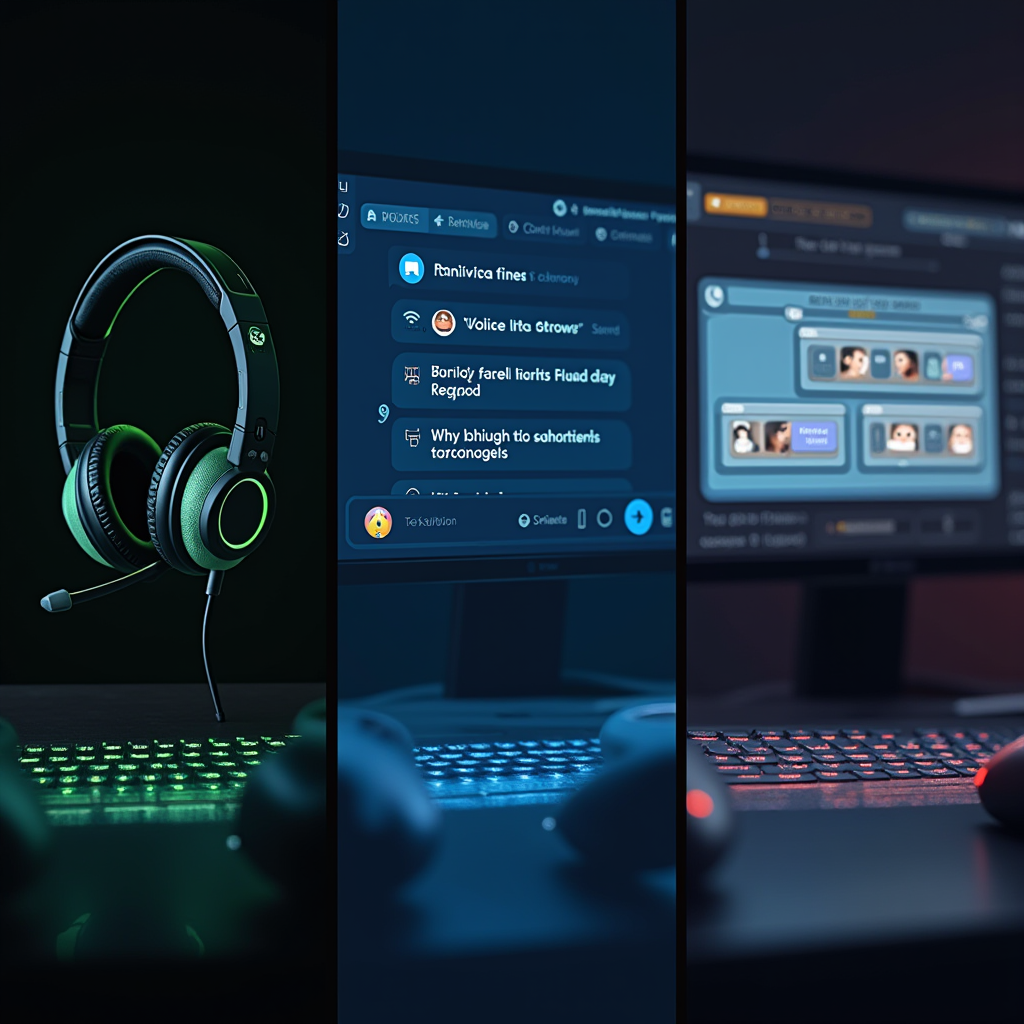 Evolution of gaming communication showing three panels: Xbox 360 headset with voice chat waves, Discord server interface with multiple channels, and Gen Alpha players using text chat with emoji reactions on mobile devices