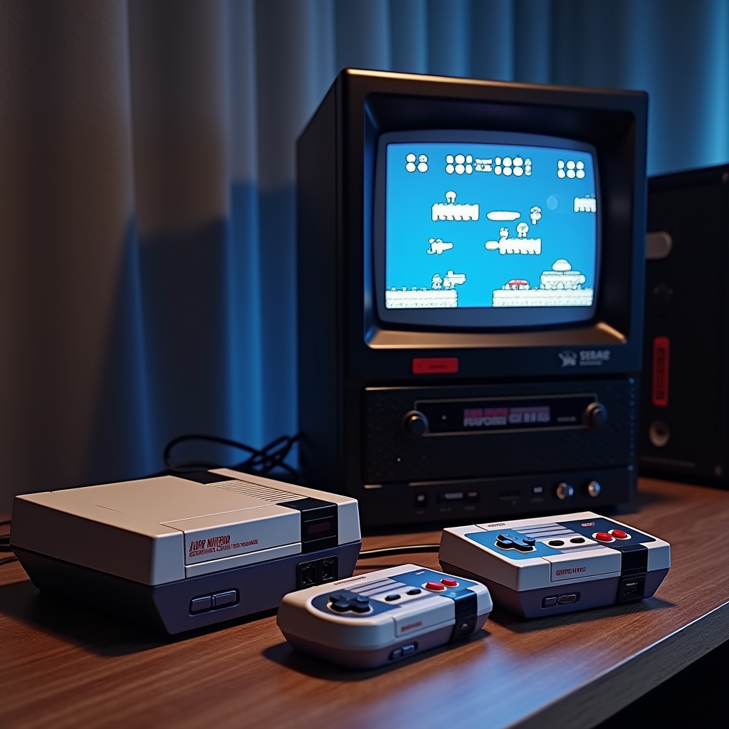 Vintage gaming setup with original NES and SNES consoles next to modern gaming PC displaying retro game emulator, symbolizing generational perspectives on classic gaming and nostalgia ownership