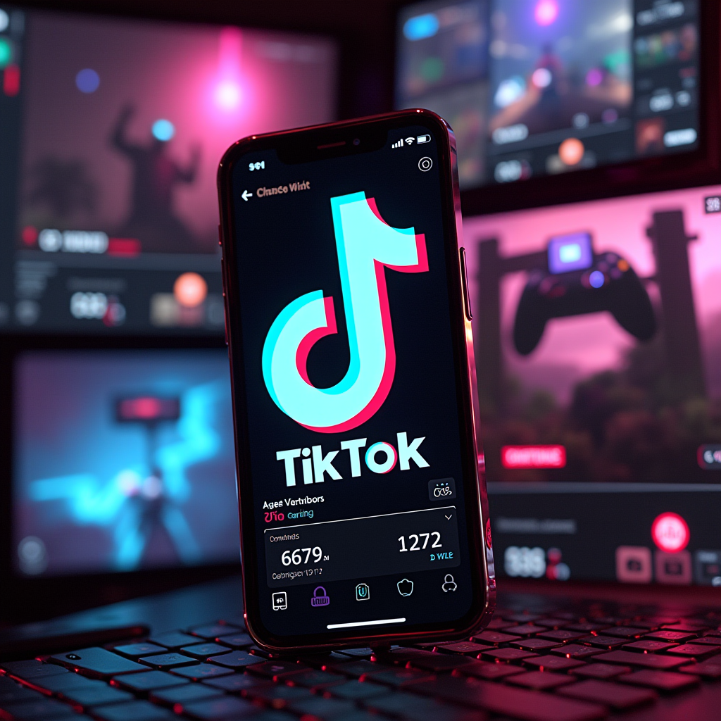Collage of TikTok gaming content showing Gen Z gamers recording victory moments, creating gaming tutorials, and sharing competitive highlights, smartphone screens displaying TikTok interface with gaming videos, engagement metrics and viral gaming content