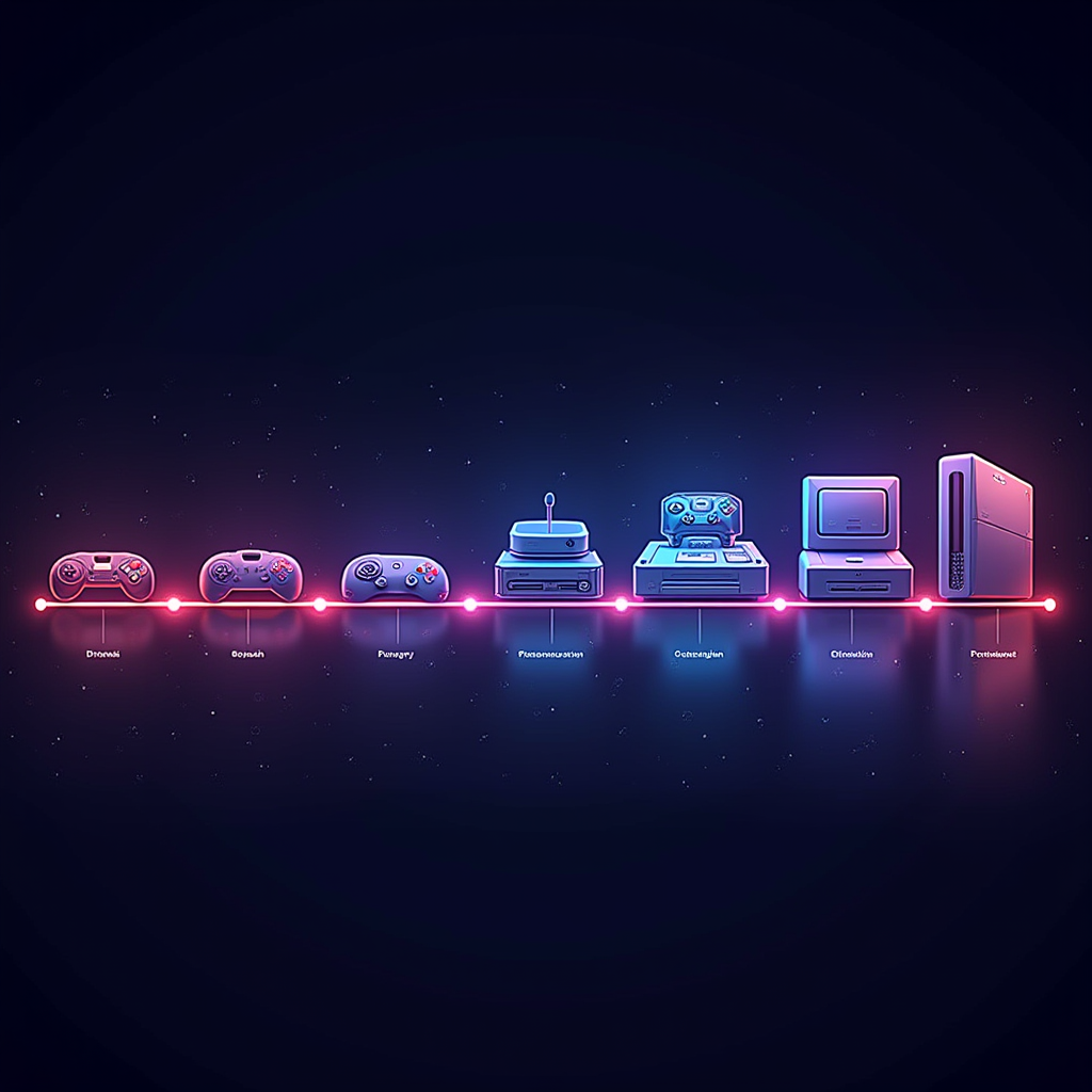 Artistic timeline visualization showing the evolution of gaming from 8-bit to modern era, with iconic games and consoles from each generation connected by glowing neon lines