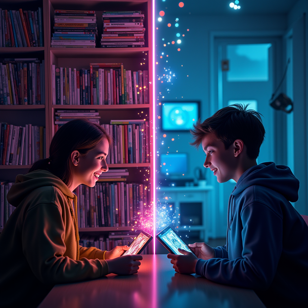 Artistic split composition showing two gaming mindsets: left side features organized physical game shelves with a satisfied collector, right side shows a young gamer happily browsing through digital game icons on a tablet, both sides connected by flowing neon lines representing different psychological approaches