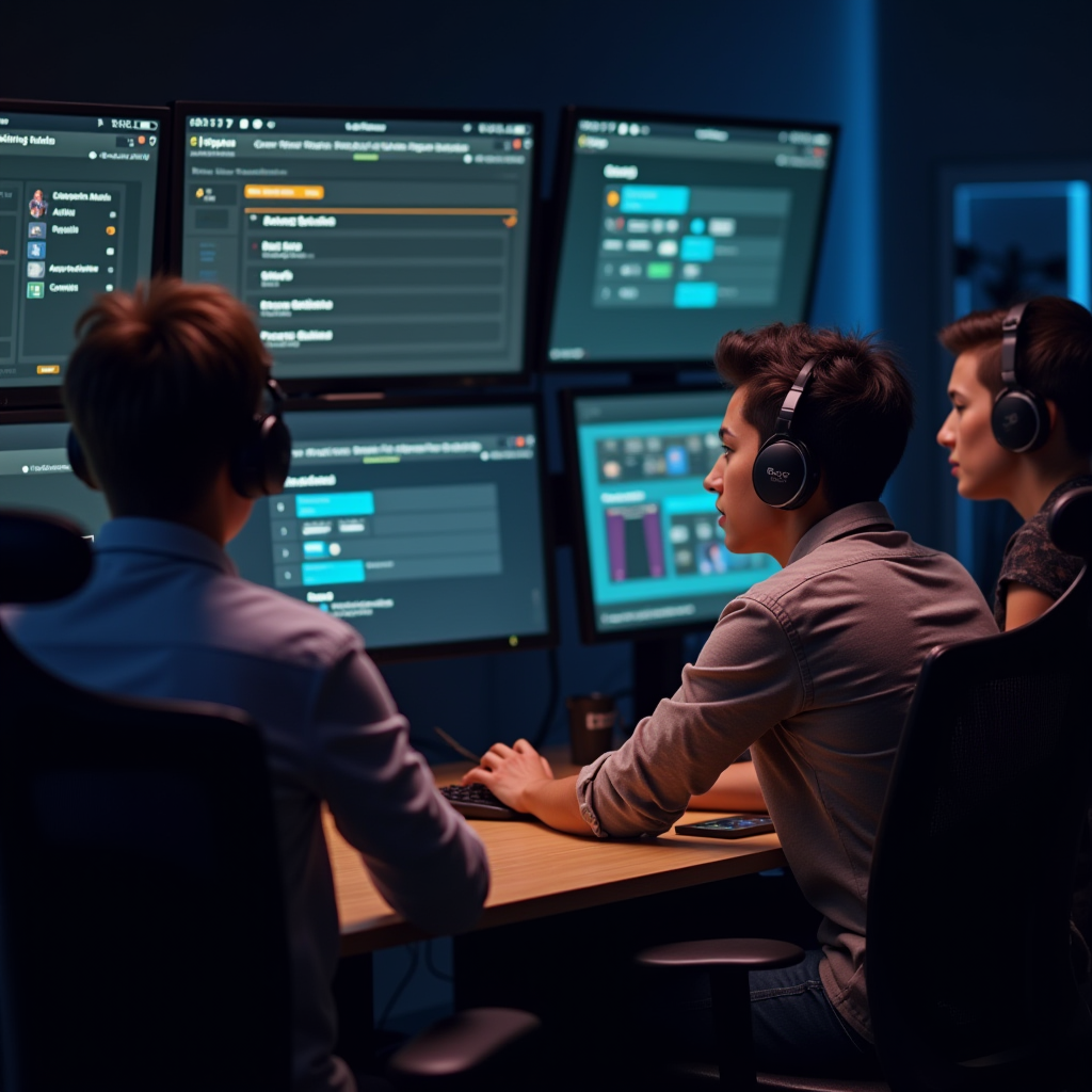 Game developer studio with diverse team reviewing difficulty settings interface on multiple screens, accessibility options being tested, collaborative design environment emphasizing inclusive game development