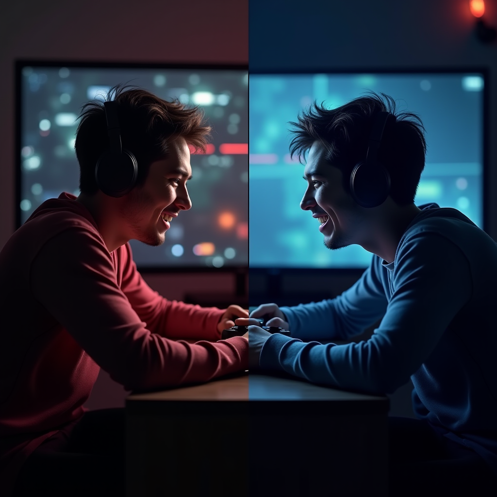Split screen composition showing the same game being played on different difficulty settings, both players clearly enjoying their chosen experience, emphasizing player choice and gaming inclusivity
