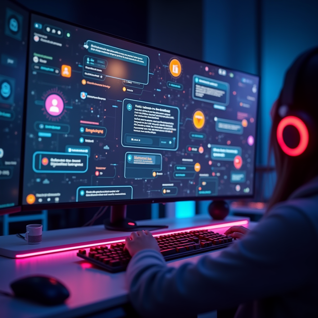 Conceptual visualization of future gaming communication showing seamless integration of voice, text, emojis, AI translation, and visual communication systems all working together in harmony with neon accents