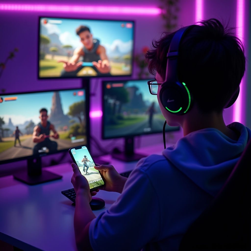 Generation Z gamers competing in mobile esports tournaments on smartphones with TikTok streaming overlays, neon-lit gaming setup with multiple screens showing mobile game interfaces, vibrant purple and green lighting