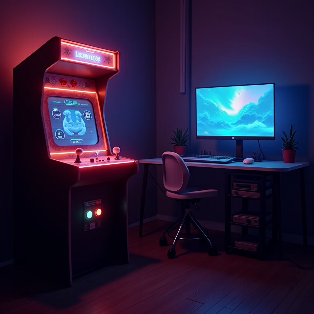 Retro arcade cabinet with glowing neon lights next to modern gaming setup with accessibility controller, split screen composition showing generational contrast in gaming