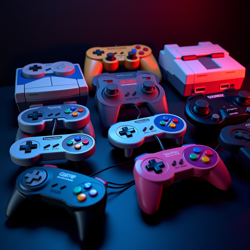 Collection of vintage gaming controllers from different eras including NES, SNES, Sega Genesis, and modern retro-styled controllers arranged on a dark surface with neon lighting