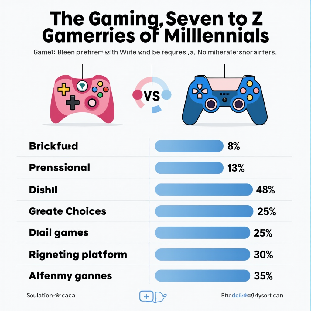 Infographic comparing gaming preferences between Gen Z and Millennials, showing differences in platform choices, game genres, and social gaming habits