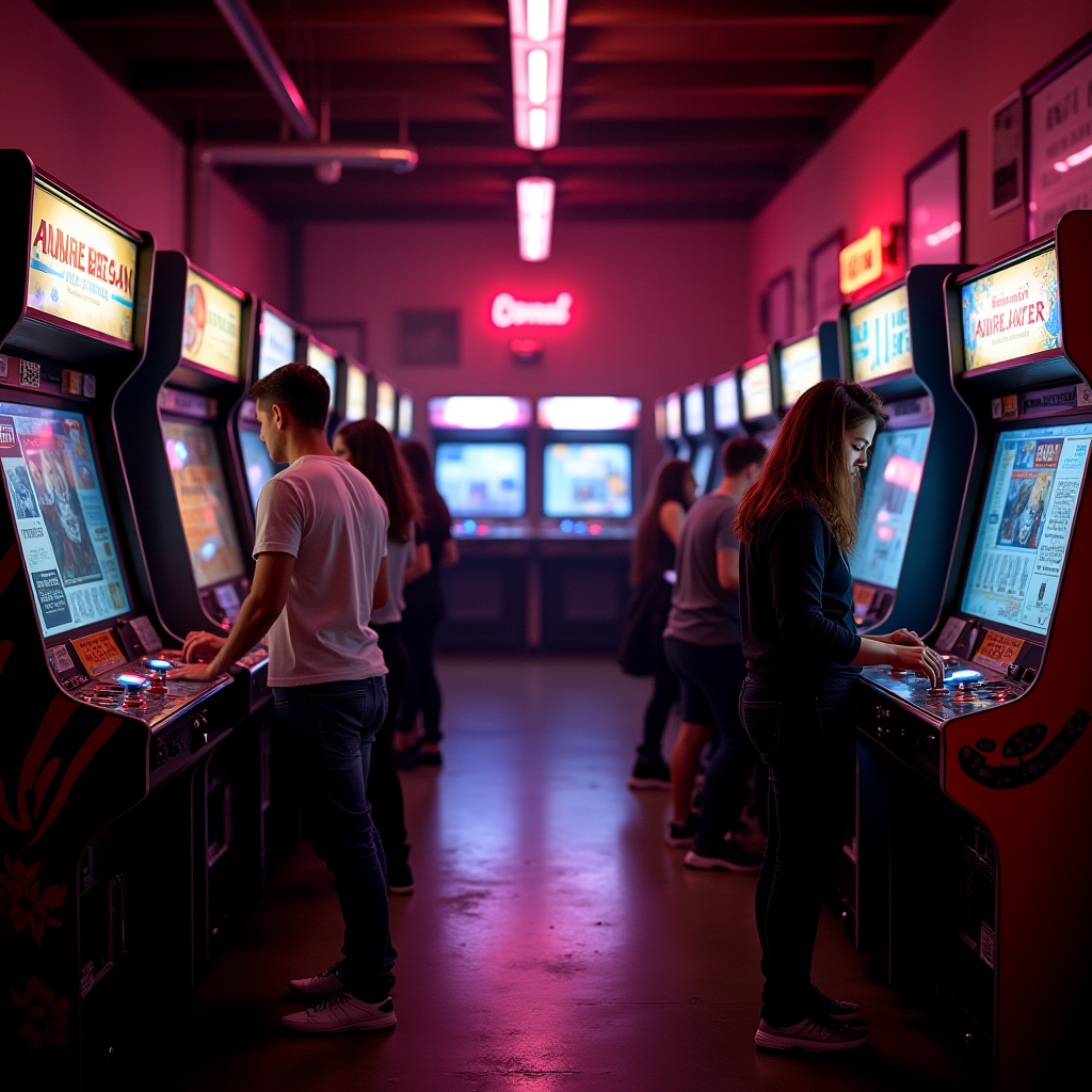 Classic arcade interior with rows of glowing cabinets, players inserting quarters into machines, dramatic neon lighting creating nostalgic 1980s atmosphere