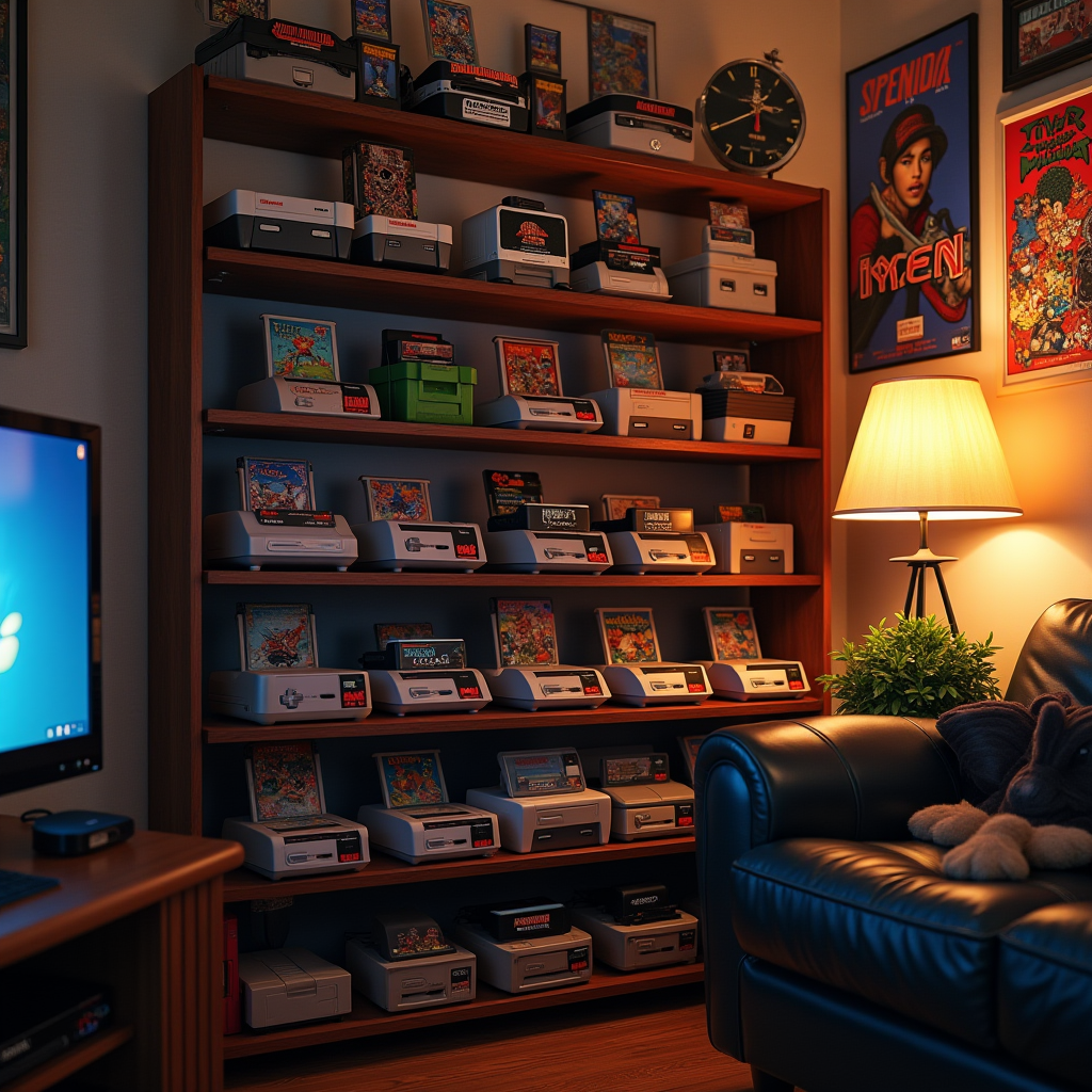 Nostalgic photograph of a well-organized retro gaming collection featuring NES, SNES, PlayStation, and Xbox games neatly arranged on wooden shelves, with vintage gaming posters on the wall and warm ambient lighting creating a cozy atmosphere