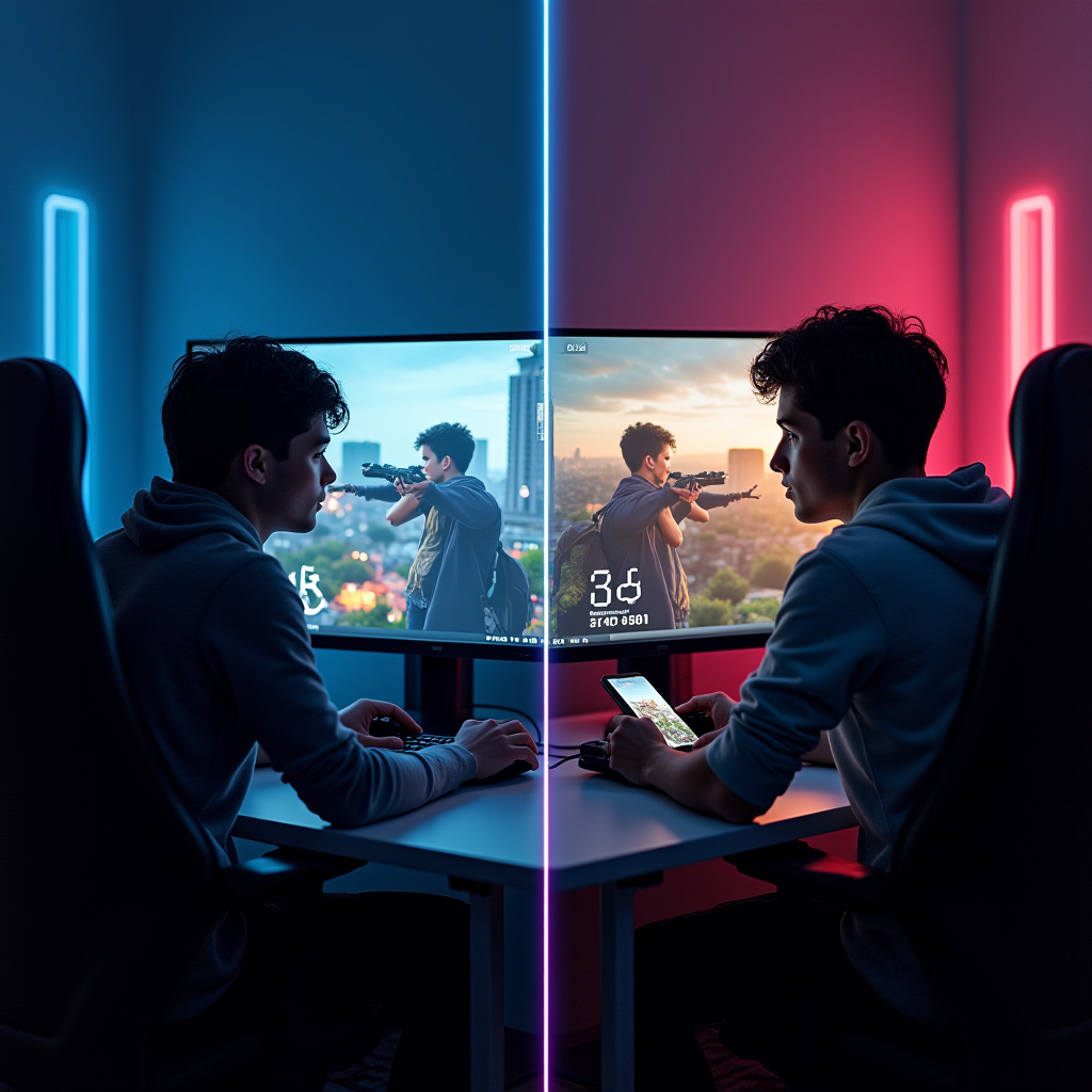 Side-by-side comparison showing Millennial gamer at desktop PC during long gaming session versus Gen Z gamer playing mobile game in various locations throughout the day, split-screen visualization with time indicators and activity tracking