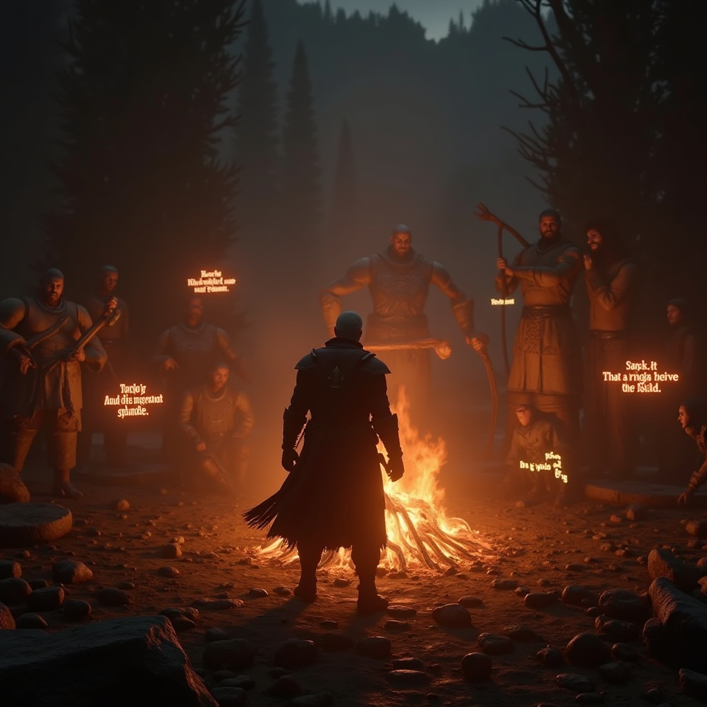 Dark Souls bonfire scene with player character surrounded by glowing death messages from other players, atmospheric lighting emphasizing the culture of challenge and perseverance