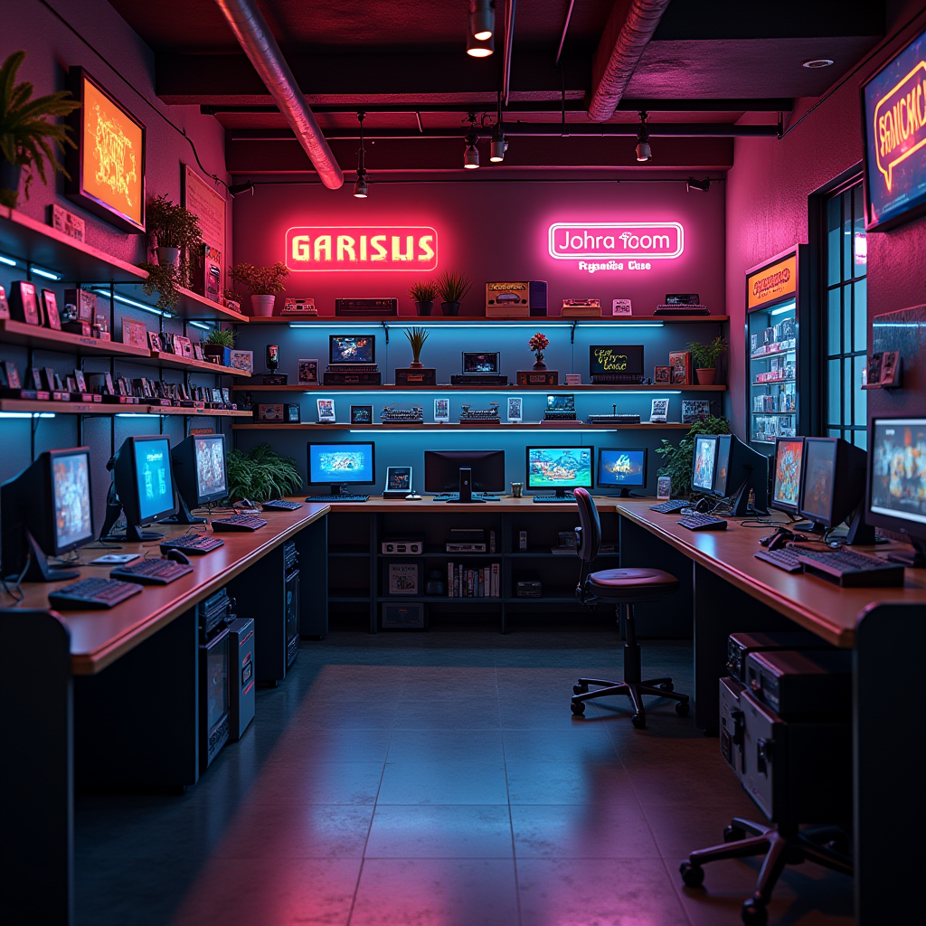 Contemporary gaming store with shelves displaying both original vintage games and modern retro-styled releases, featuring neon signs and a mix of old and new gaming merchandise