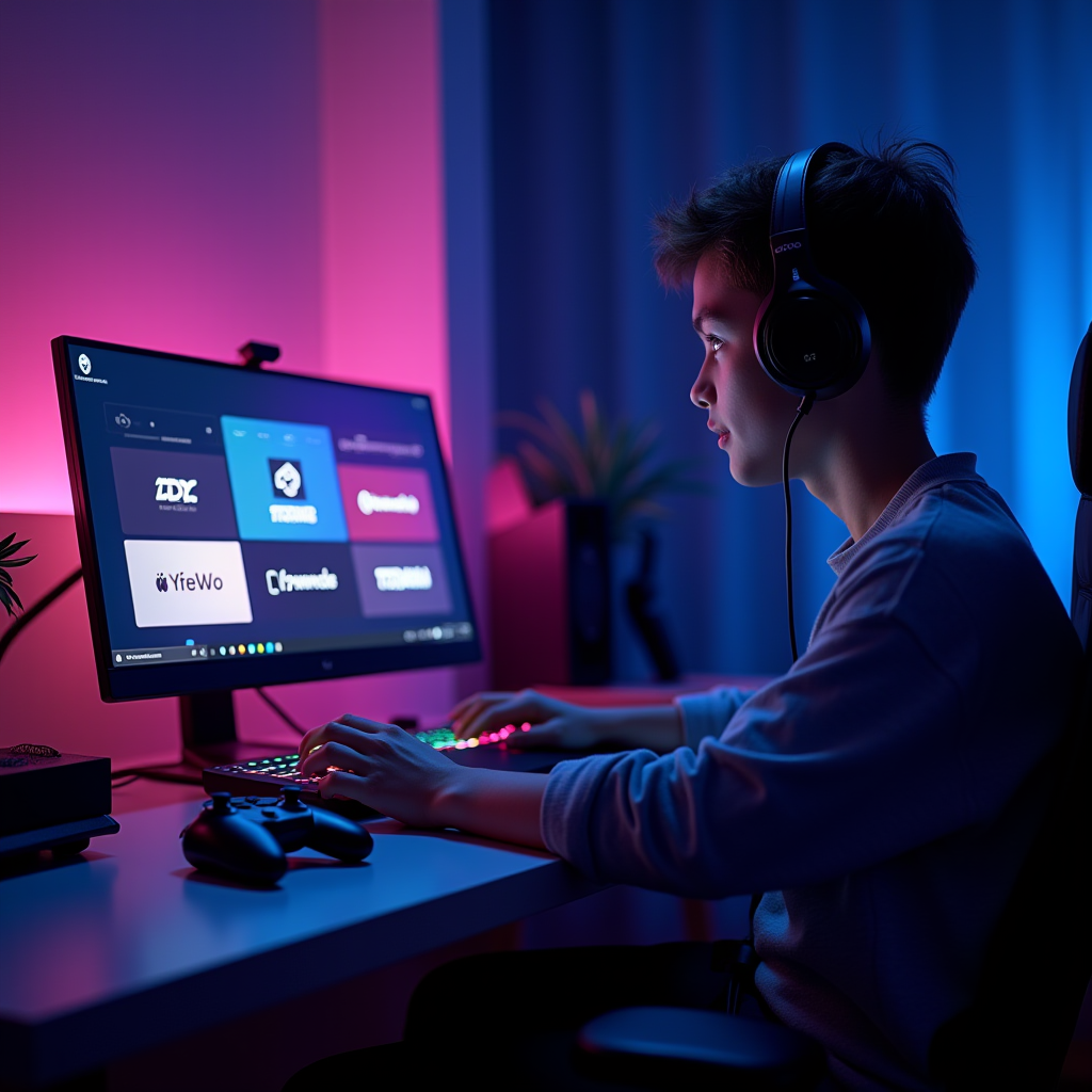 Contemporary gaming setup showing a young gamer using a sleek gaming laptop with multiple subscription service logos displayed on screen, RGB lighting, wireless controller, and minimalist desk setup with no physical games visible, futuristic neon aesthetic