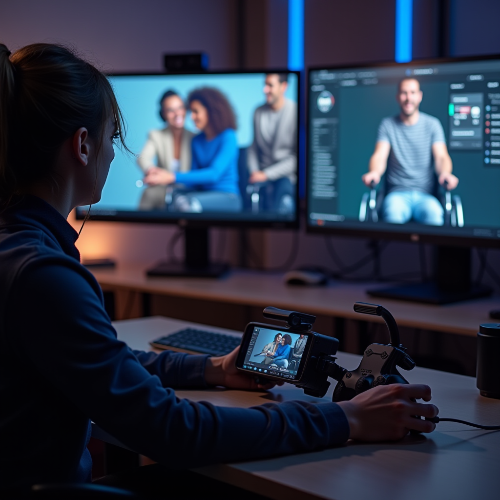 Modern gaming setup featuring adaptive controller and specialized equipment, multiple screens displaying accessibility options menus, inclusive gaming environment with diverse players collaborating