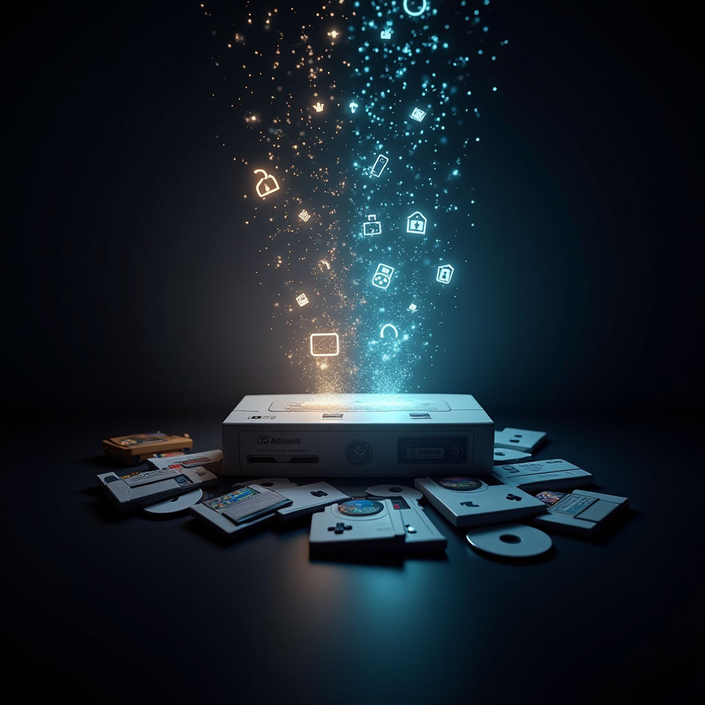 Conceptual image showing a digital archive with glowing game icons fading away into darkness on one side, while physical game cartridges and discs remain solid and permanent on the other side, representing the preservation challenge with dramatic lighting and data stream effects