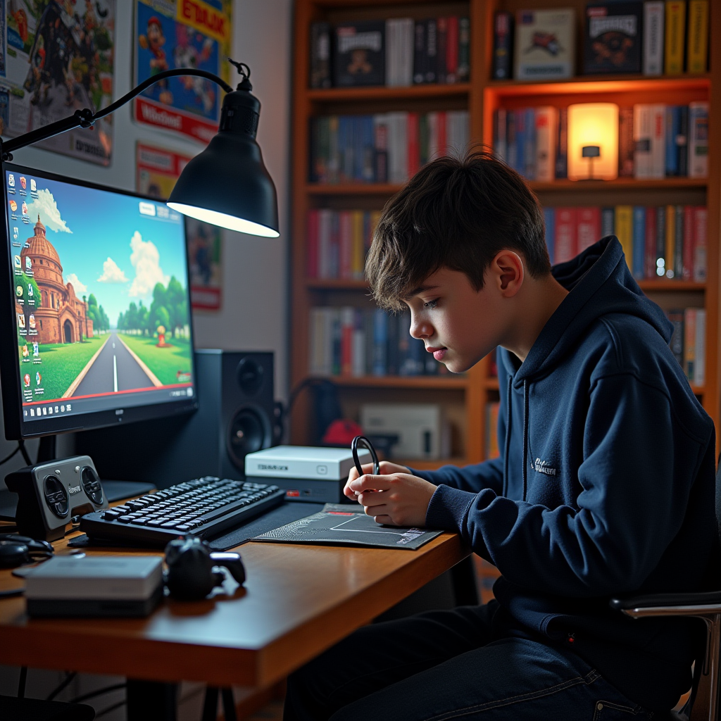 Modern game collector's room featuring rare sealed games in protective cases, vintage consoles displayed like museum pieces, limited edition merchandise, and a young collector examining a rare find with magnifying glass, professional display lighting and organized shelving