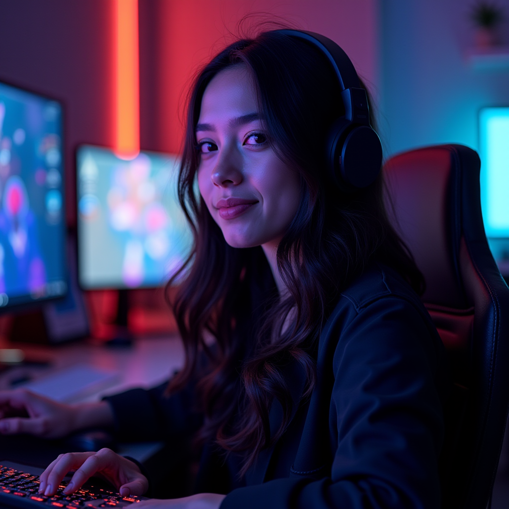 Portrait of Sarah Rodriguez, millennial gaming culture researcher, in a modern gaming environment with RGB lighting