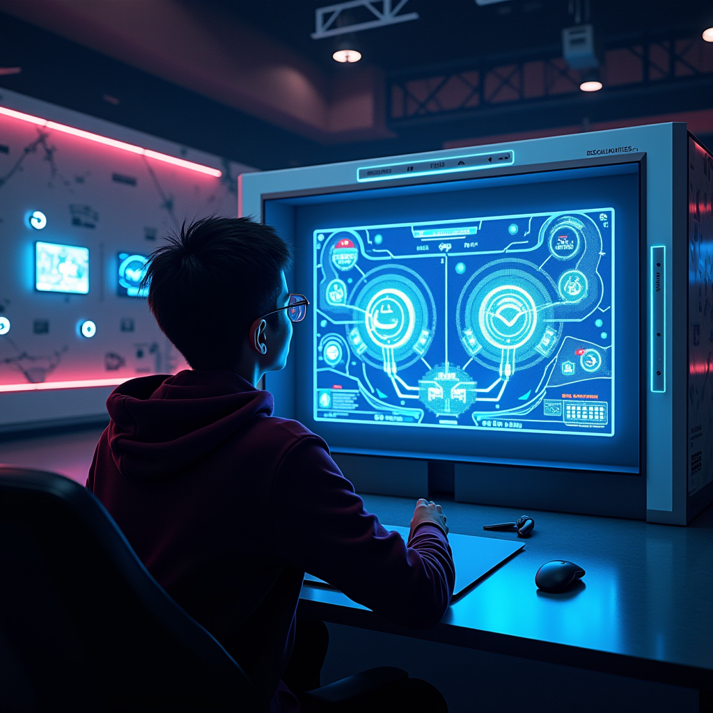 Futuristic gaming scene showing holographic game interfaces floating in space, a gamer using neural interface technology, with both physical game artifacts in a museum-style display case and streaming service holograms coexisting, cyberpunk aesthetic with neon accents