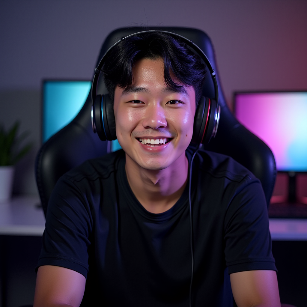 Portrait of Alex Kim, Gen Z content creator and esports enthusiast, streaming setup visible in background