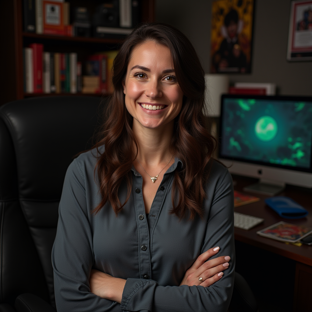 Portrait of Dr. Jennifer Walsh, sociologist and gaming researcher, in academic office with gaming memorabilia
